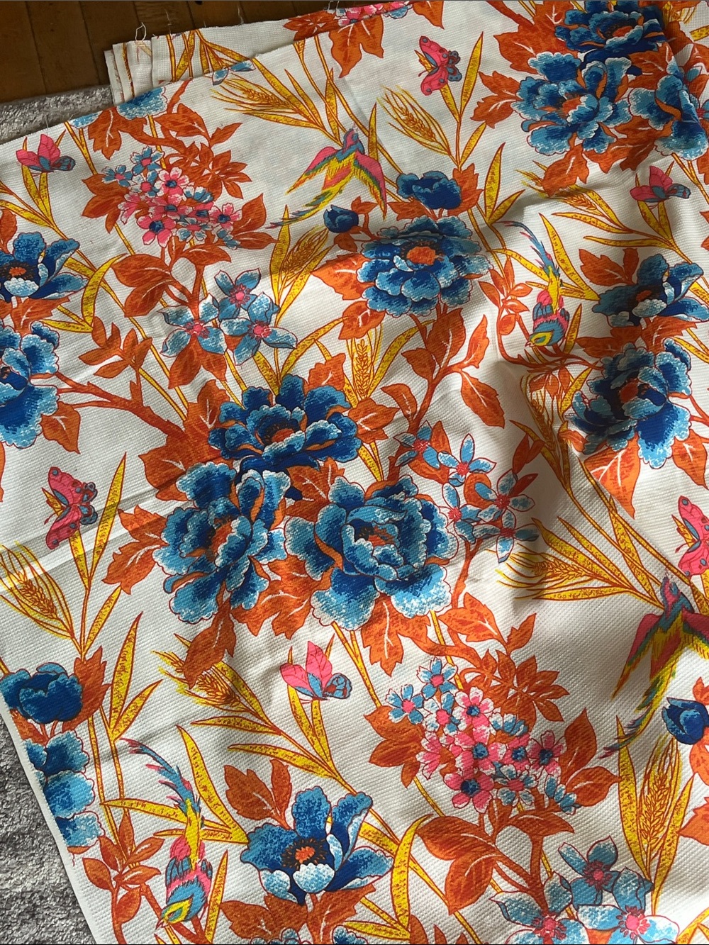 Floral Blue & Rust Cotton Fabric 6 yard X 44” wide